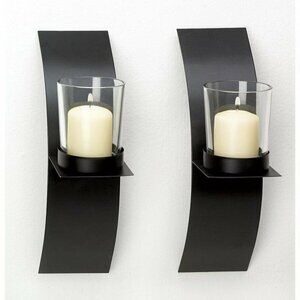 Mod-art Candle Sconce Duo Iron with Glass Cups 2 3/8" x 4 3/4" x 8" H
